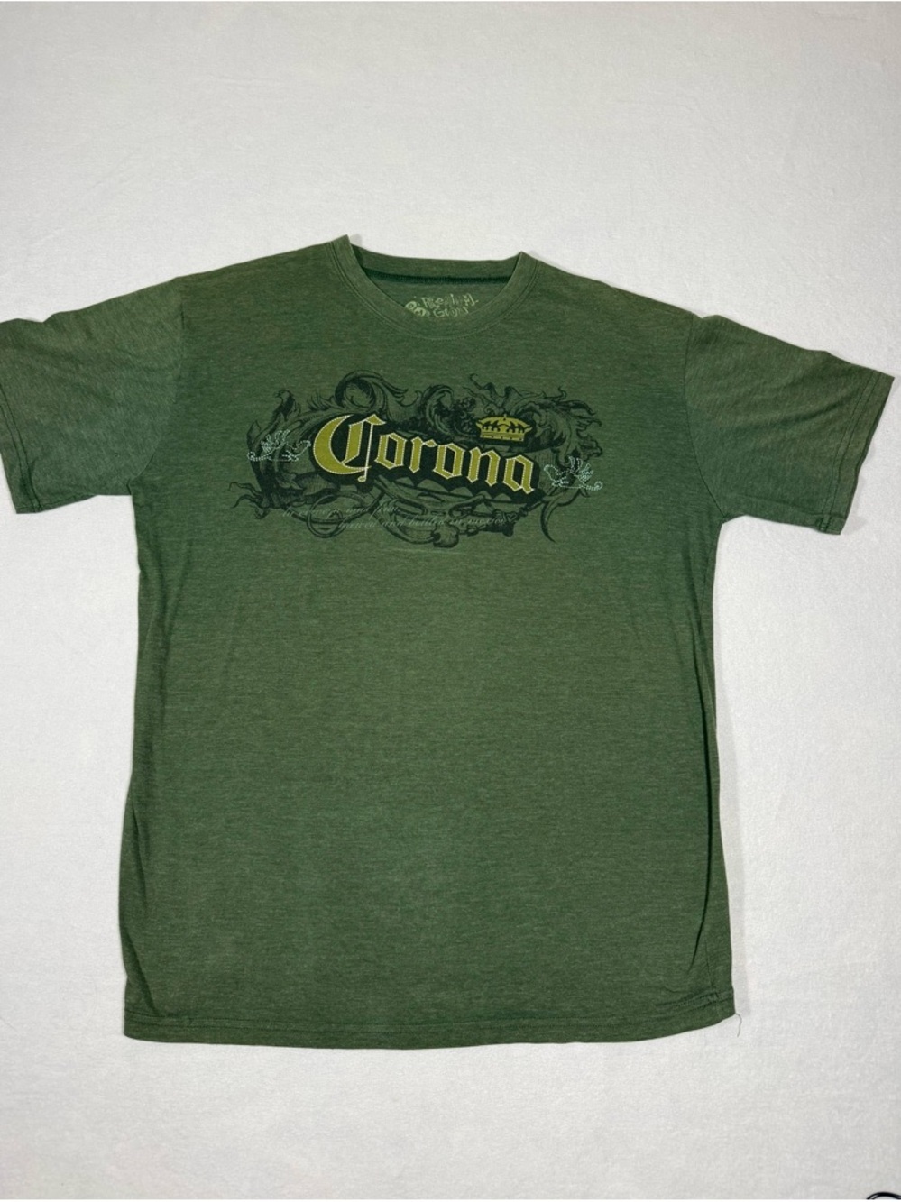 Vintage DAM Premium Goods Corona Beer Heather Green Graphic T-Shirt Size XL Y2K